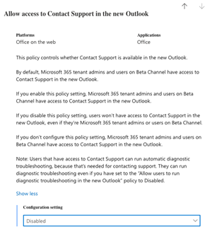 Screenshot of the Allow access to Contact Support in the new Outlook policy settings, showing default, enabled, and disabled configurations, and a note on diagnostic troubleshooting. The configuration setting is shown as Disabled.