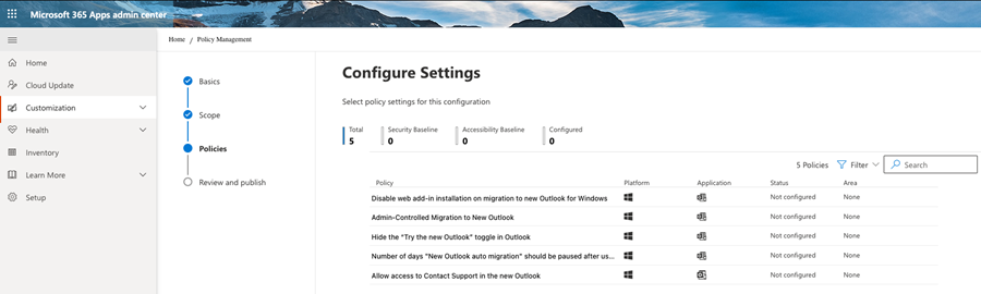 Screenshot of the Configure Settings page in the Microsoft 365 Apps admin center. It shows the policy management process with steps for Basics, Scope, Policies, and Review and publish. The Policies section lists five policies related to the new Outlook, including their platforms, applications, and status, all marked as Not configured.