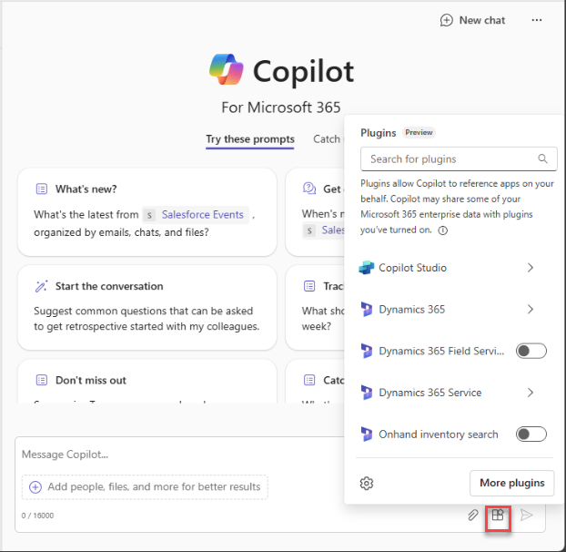 This screenshot shows the Copilot for Microsoft 365 app with the plugins icon highlighted.