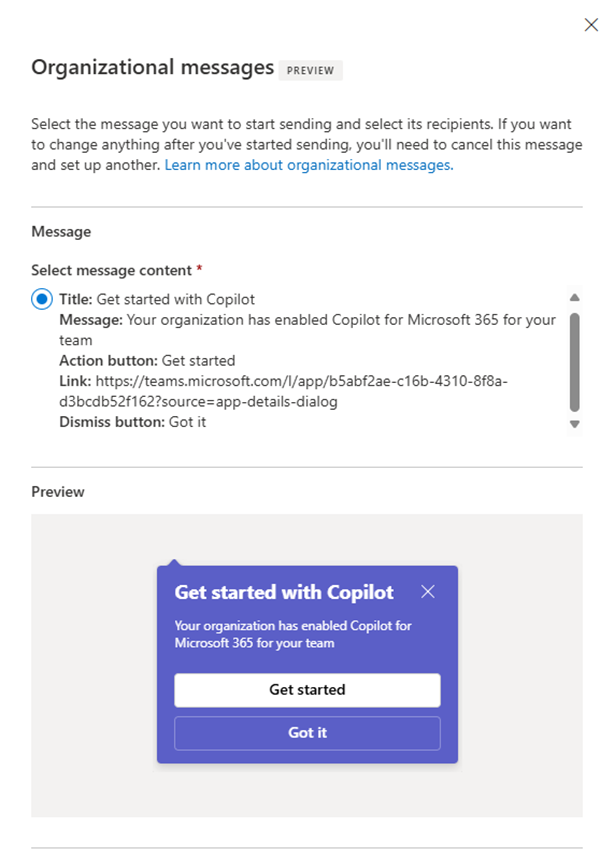 Copilot 사용자에 대한 기본 organization 메시지의 이미지입니다.