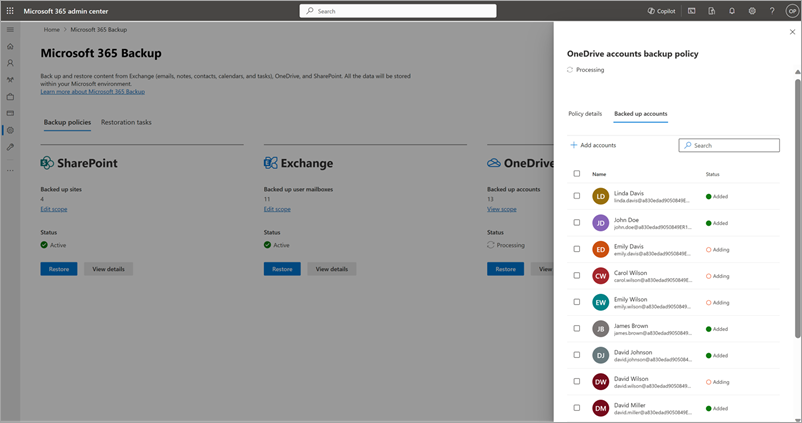 Microsoft 365 관리 센터 기존 OneDrive 백업 정책에 사용자 계정을 추가하는 방법을 보여 주는 스크린샷
