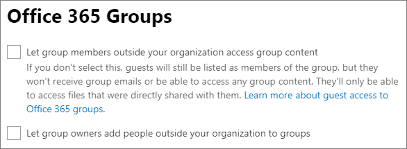 Microsoft 365 관리 센터의 Microsoft 36.5 그룹 공유 설정 스크린샷