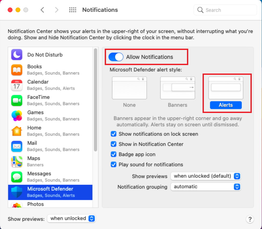 알림 화면에서 Microsoft Defender 옵션을 선택합니다.