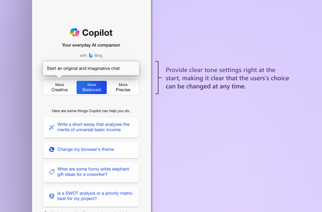 톤 설정 옵션과 부조종사에서 수행할 수 있는 작업에 대한 프롬프트를 보여 주는 스크린샷.