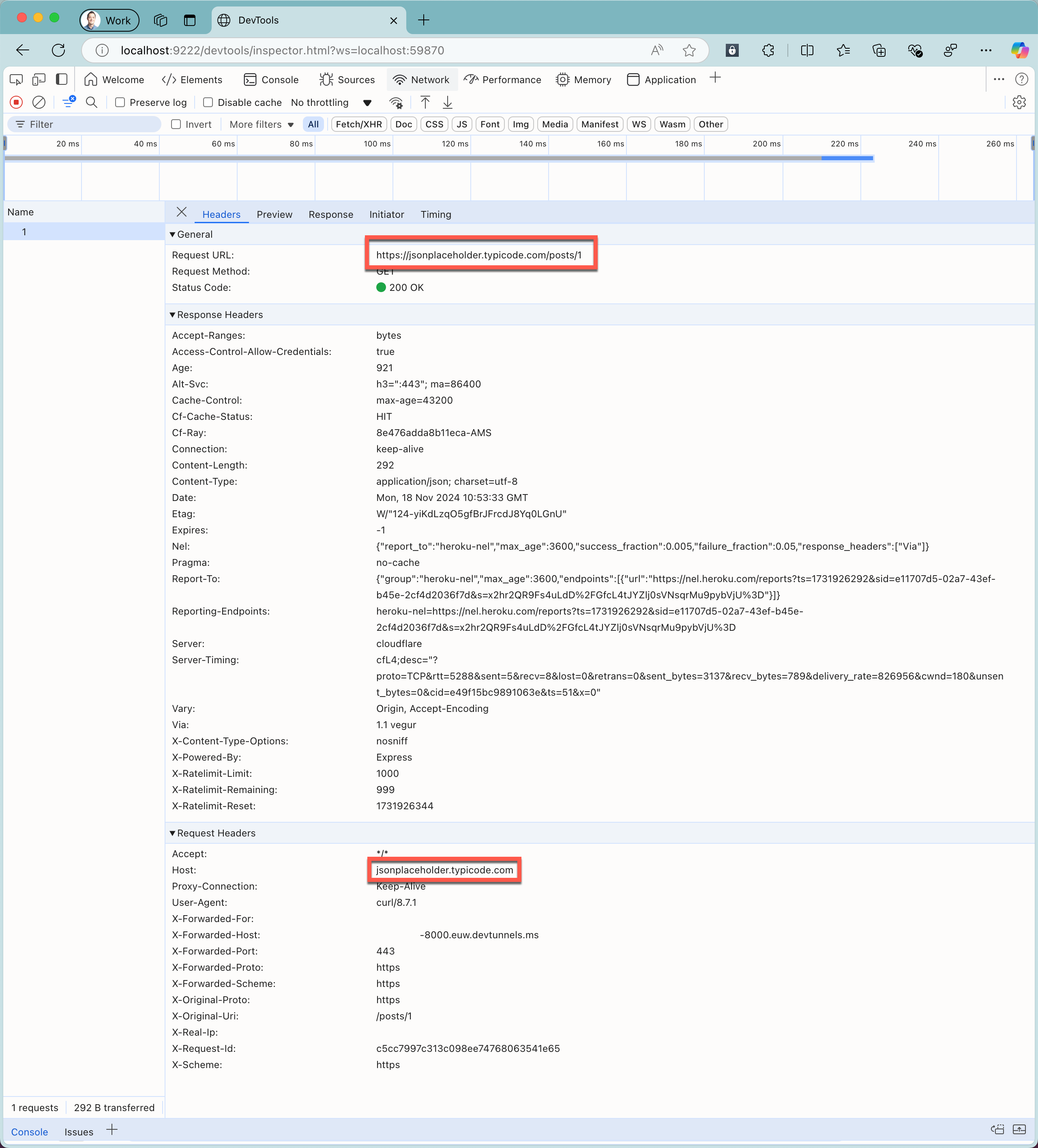 클라우드 API URL을 사용하여 가로채는 요청을 보여 주는 개발자 프록시 검사 도구가 있는 웹 브라우저의 스크린샷