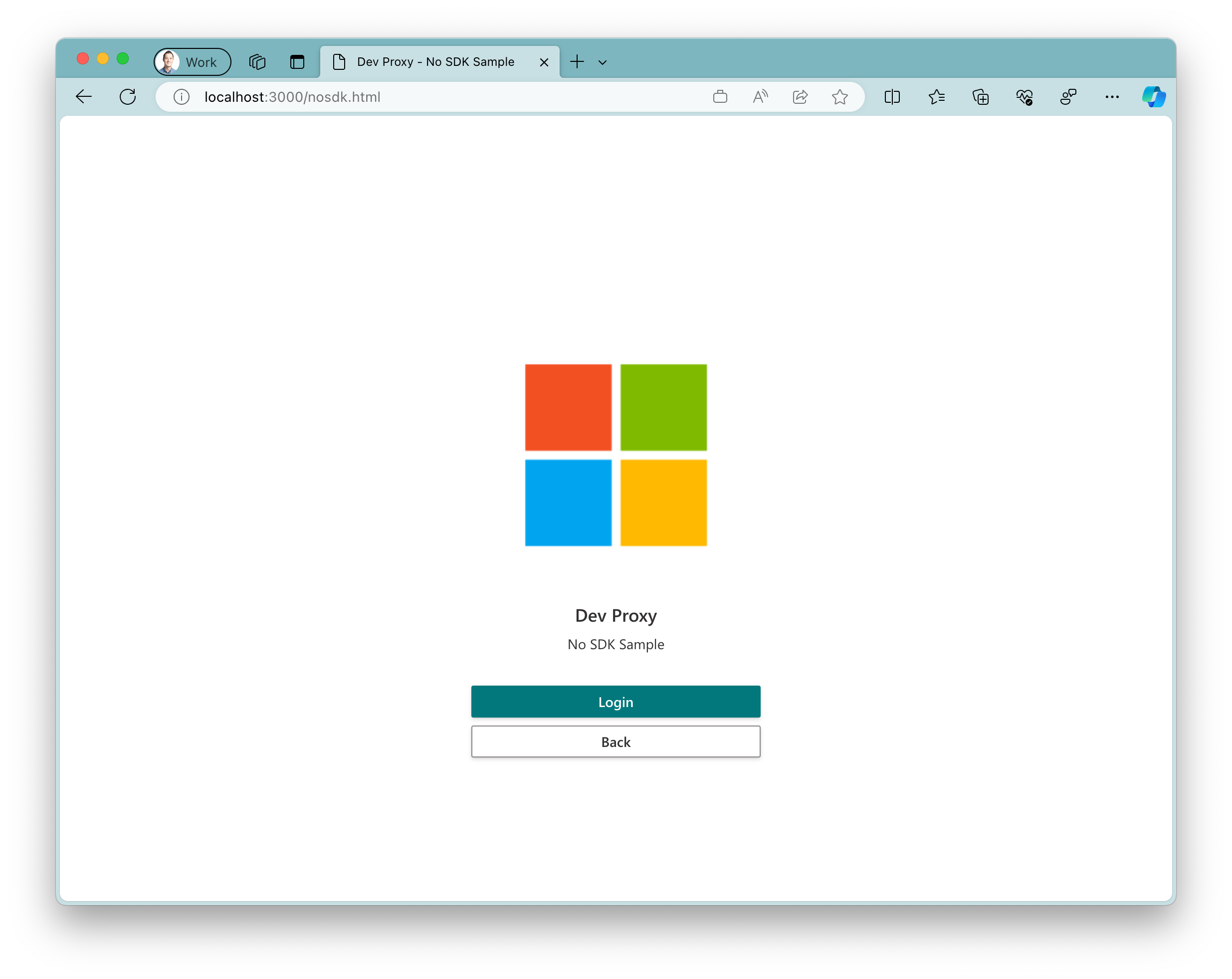 Windows 11 Microsoft Edge 브라우저에서 실행되는 샘플 앱의 스크린샷 앱 아래에 두 개의 단추가 있는 큰 Microsoft 로고가 표시됩니다. '로그인' 텍스트가 있는 기본 단추와 '뒤로' 텍스트가 있는 보조 단추입니다.