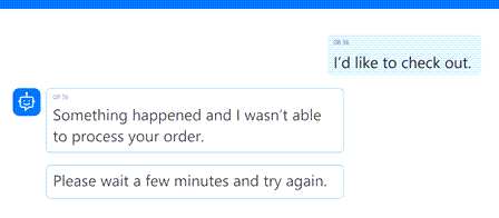 챗봇 오류 메시지 스크린샷으로, 주문을 처리할 수 없다는 내용이며 사용자에게 몇 분 후에 다시 시도하라고 안내합니다.