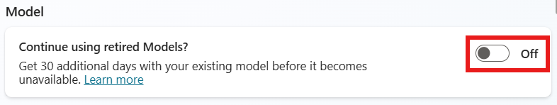 사용 중지된 모델 설정을 사용하여 계속의 위치를 보여 주는 스크린샷.