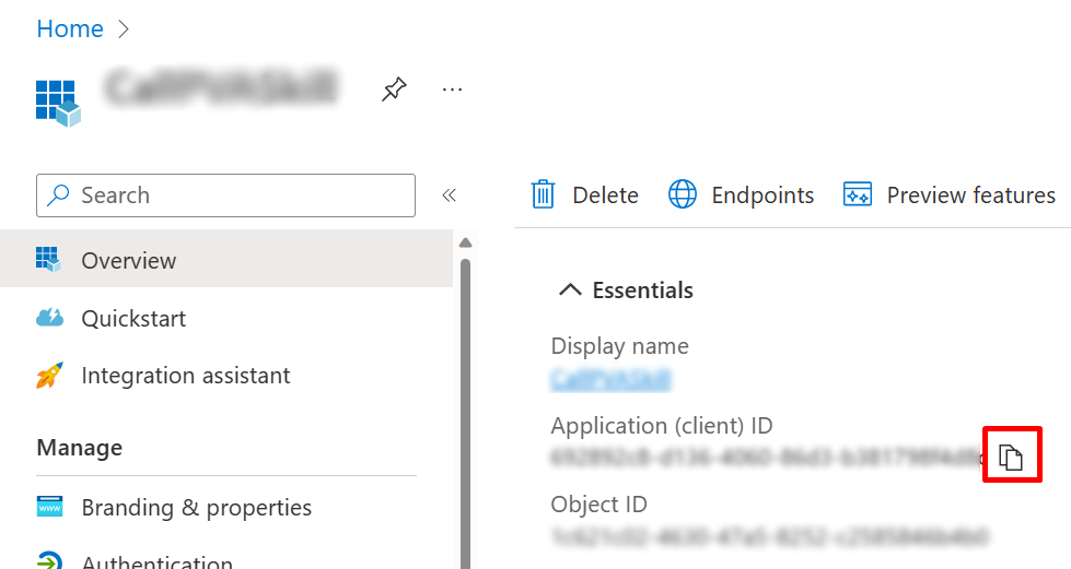 Azure Portal에서 애플리케이션(클라이언트) ID를 찾을 수 있는 위치의 스크린샷.