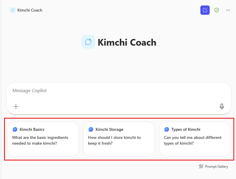 Copilot Chat의 환영 페이지 스크린샷으로, 에이전트를 위한 제안된 프롬프트가 포함되어 있습니다.