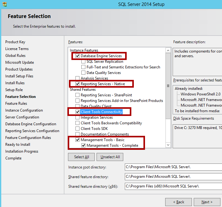 필요한 기능을 강조 표시하는 SQL Server 2014 설치 프로그램의 스크린샷