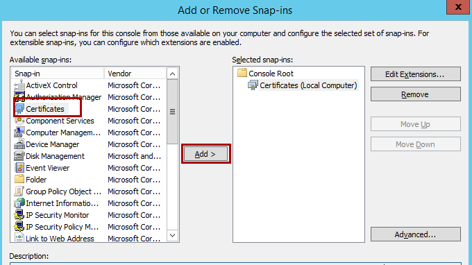 인증서(로컬 컴퓨터) 스냅인이 추가된 스냅인 추가 또는 제거 창의 스크린샷