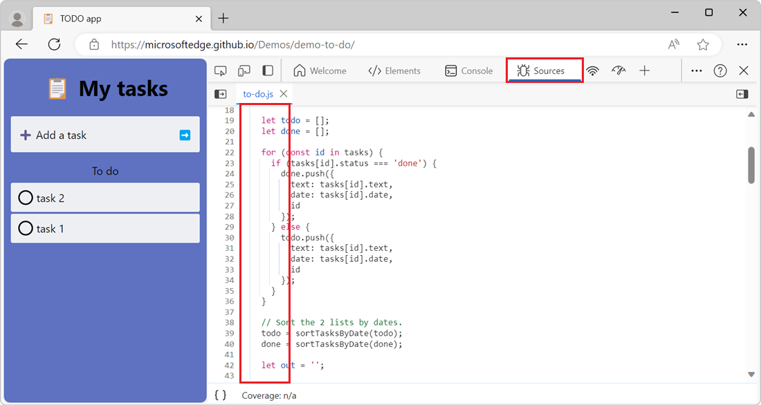 The Sources tool, showing indentation markers