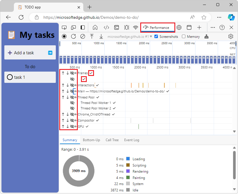 up arrows, down arrows, and eye icons in track configuration, in the Performance tool