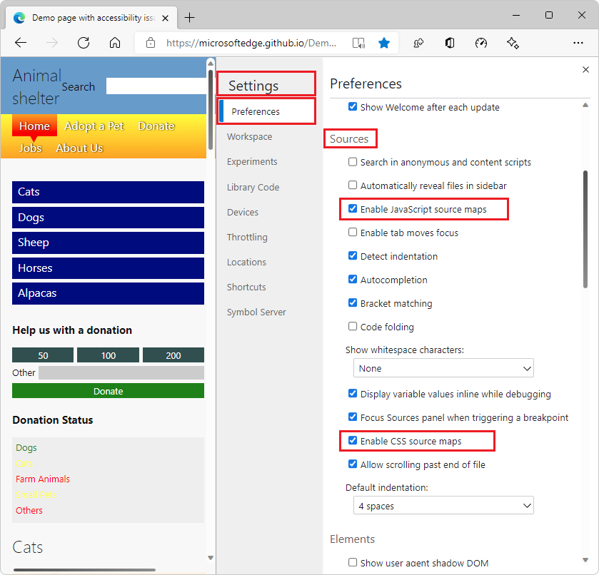 The Preferences page's Sources section with the 'Enable source maps' checkboxes selected