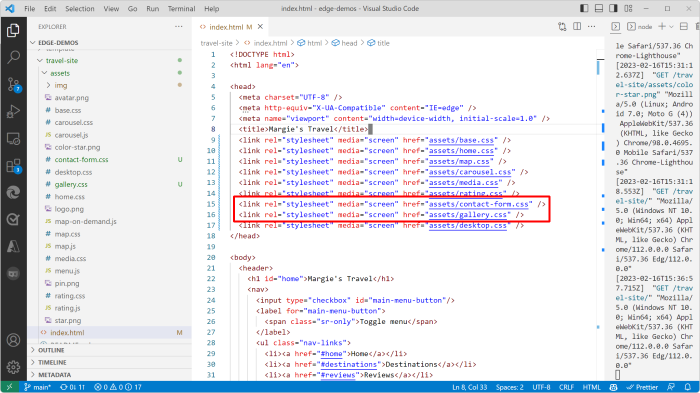 Visual Studio Code, with the index.html opened, showing where the two link tags are