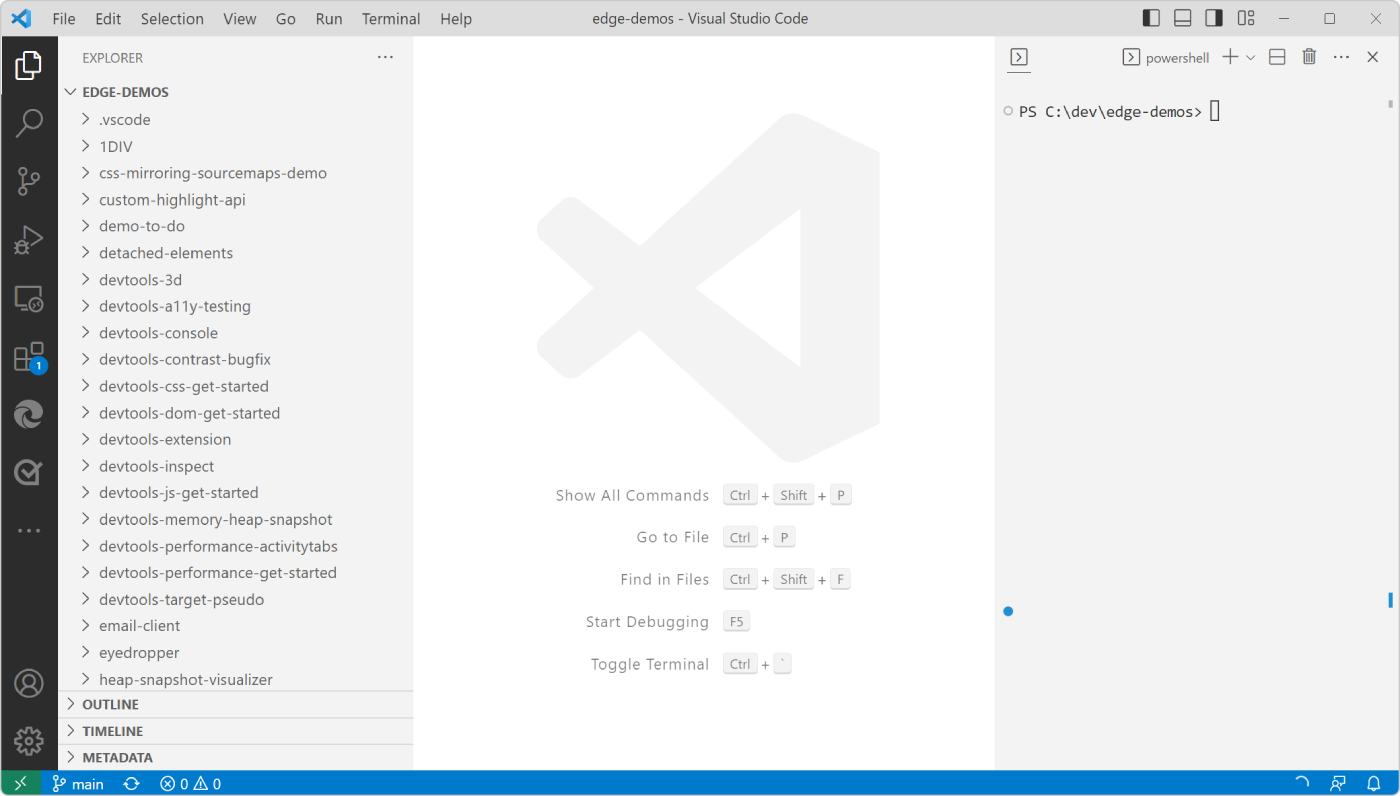 Visual Studio Code, now set up with the source code