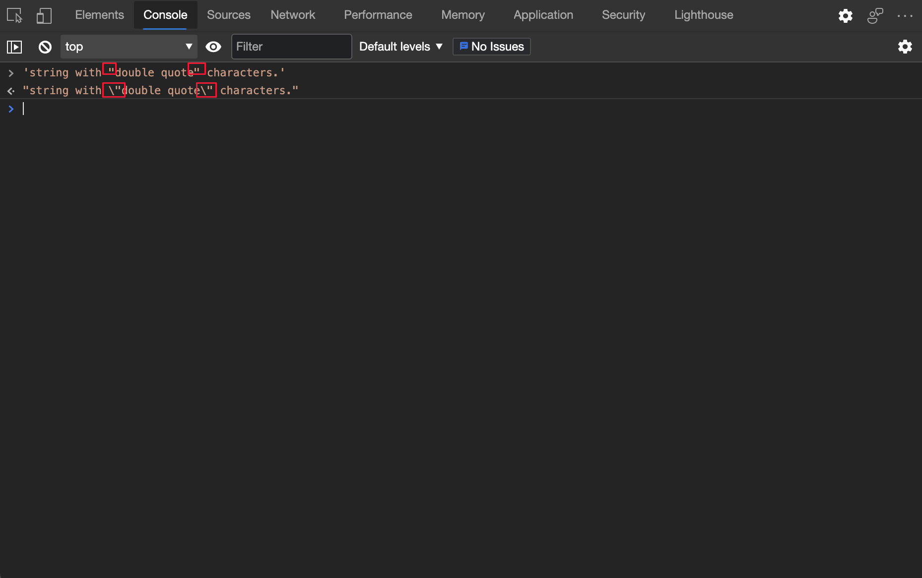 The Console outputs JavaScript strings using escaped double quote () characters