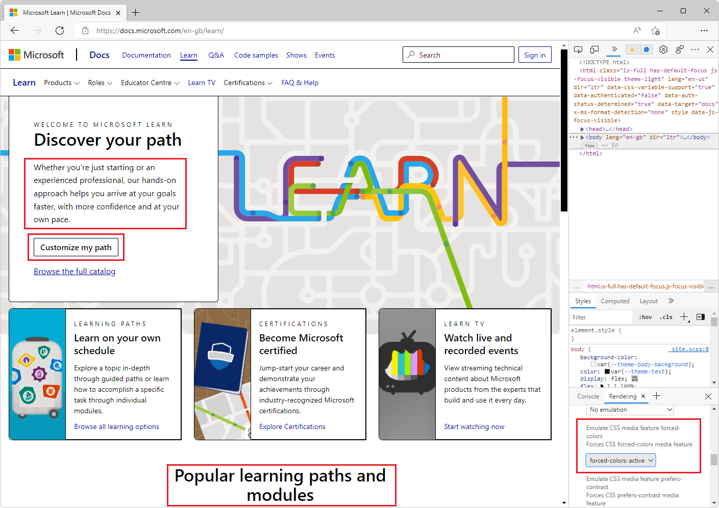 A webpage with forced-colors emulation turned on in the Rendering tool. Text changed to black text on a white background