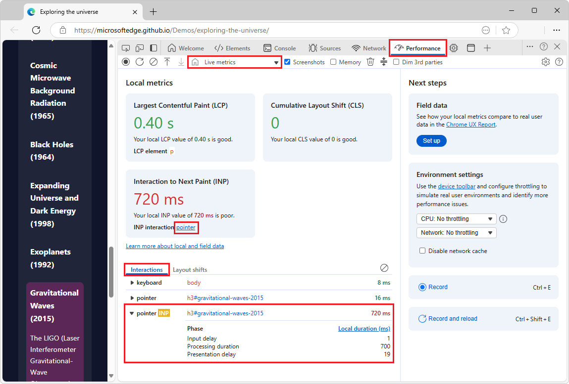 The Interactions tab