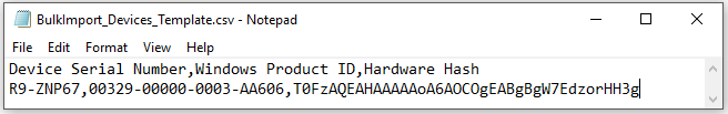 A열(디바이스 일련 번호), B열(Windows 제품 ID) 및 C열(하드웨어 해시)에 대한 예제 항목을 보여주는 메모장 파일.