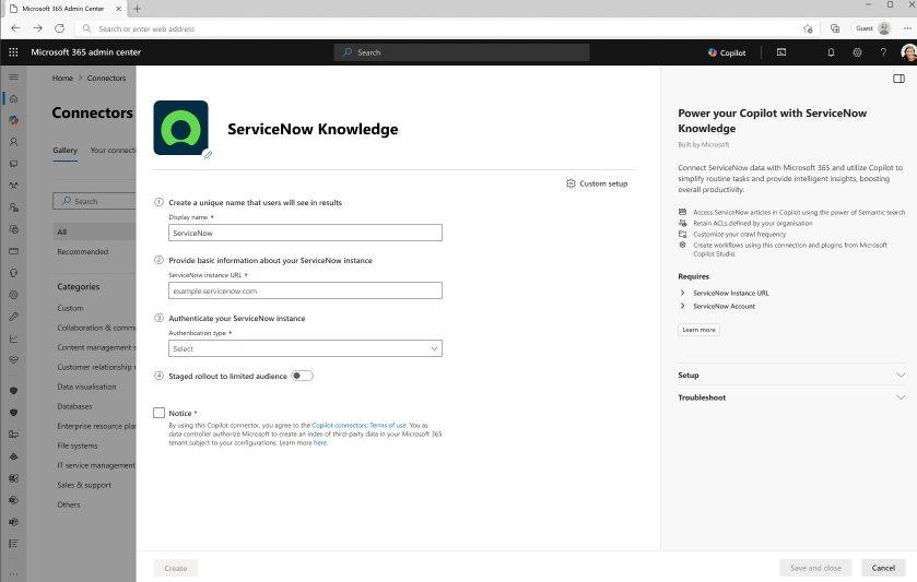 Add Microsoft Graph Connector for ServiceNow Knowledge Screenshot that shows Connection creation screen for Microsoft Graph Connector for ServiceNow Knowledge