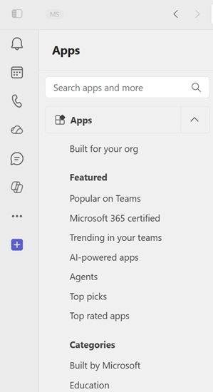 사용자가 Microsoft Teams에서 앱을 검색할 수 있는 모든 위치를 보여 주는 스크린샷.