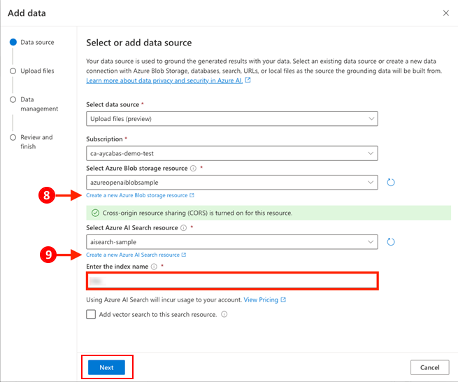 Screenshot shows how to create data source in Azure portal.