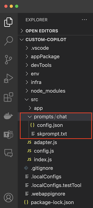 Screenshot shows skprompt in explorer in Visual Studio Code.