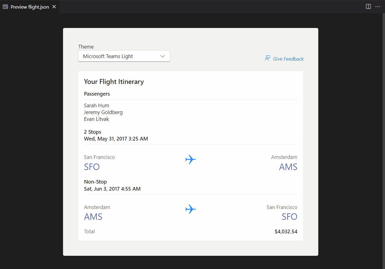 Graphic shows the Adaptive Card preview in light, dark, and high contrast themes.