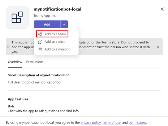 Screenshot shows the option to add the custom app in Teams.