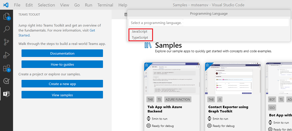 Screenshot shows Teams Toolkit with Select a programming language highlighted in red.