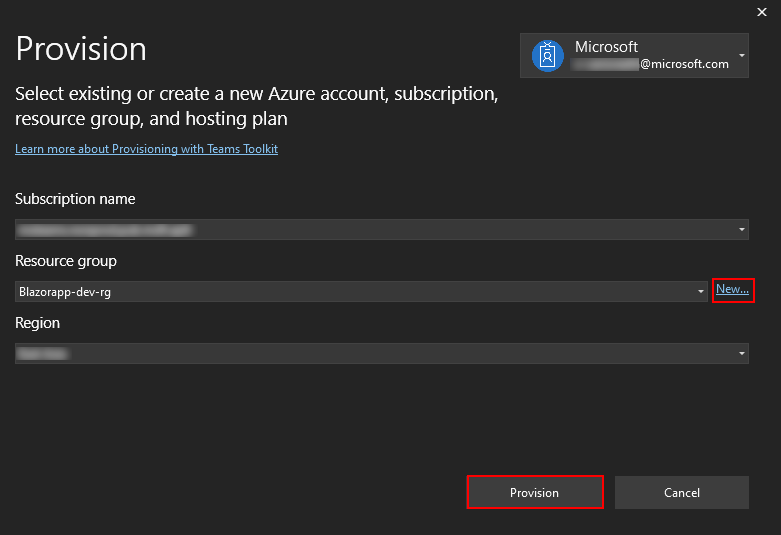 Screenshot shows the provision dialog to select the subscription, Azure account, and resource group.