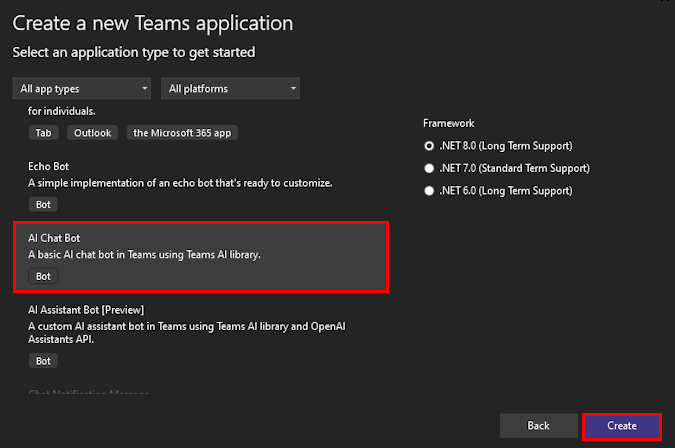 Screenshot shows the selection of Teams application to create a new project.