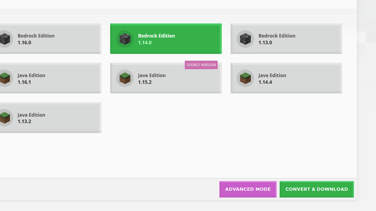 고급 모드와 변환 버튼이 포함된 청커의 내보내기 스크린