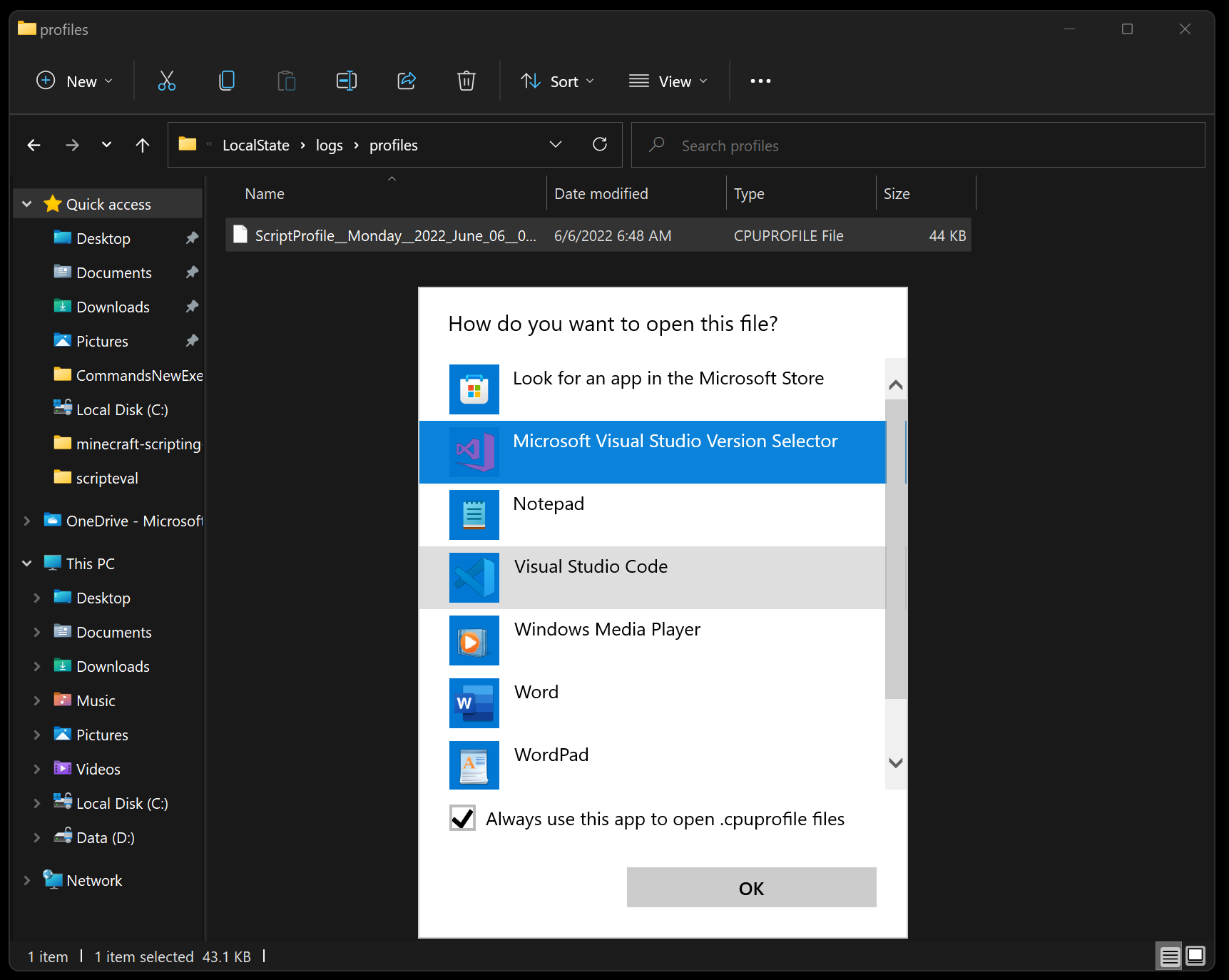 Open CPU profile files in Visual Studio Code