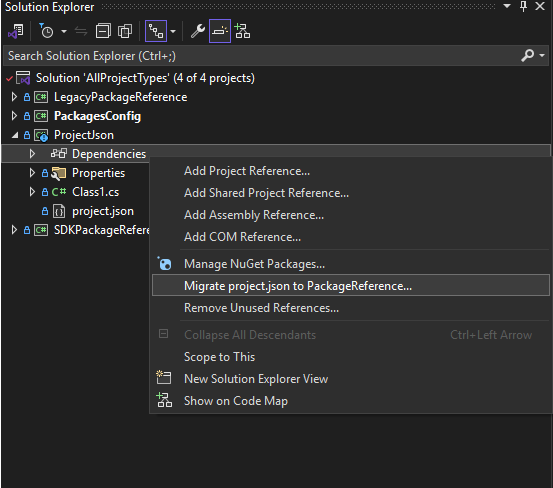 project.json PackageReference