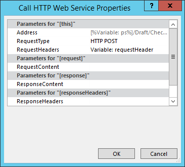 Properties for the Checkin web service call Properties for the Checkin web service call
