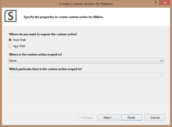 Specifying properties for the ribbon custom action Specifying properties for the ribbon custom action
