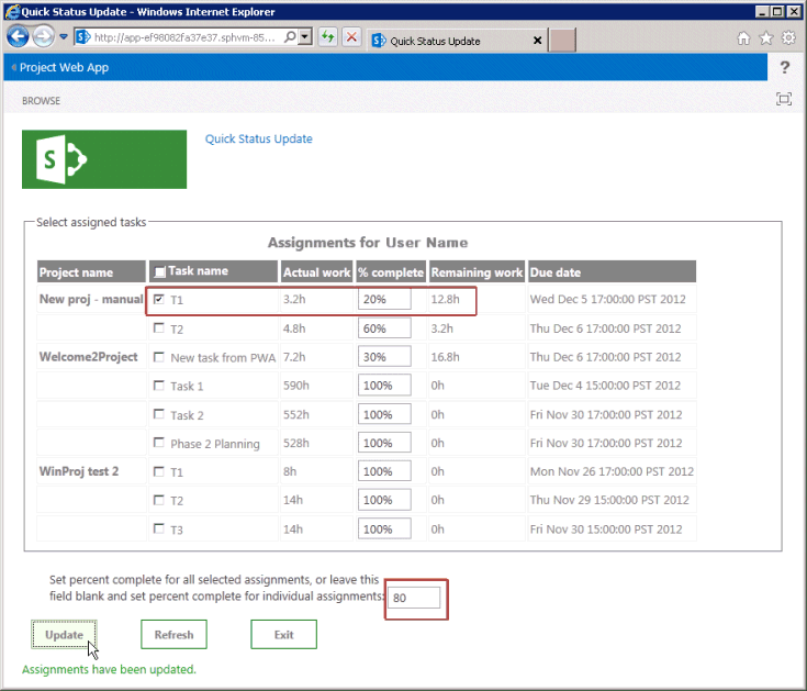 Updating an assignment in the QuickStatus app Updating an assignment in the QuickStatus app