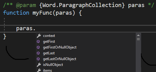 Excerpt of IntelliSense for paras parameter (paragraphs parameter in JavaScript example).
