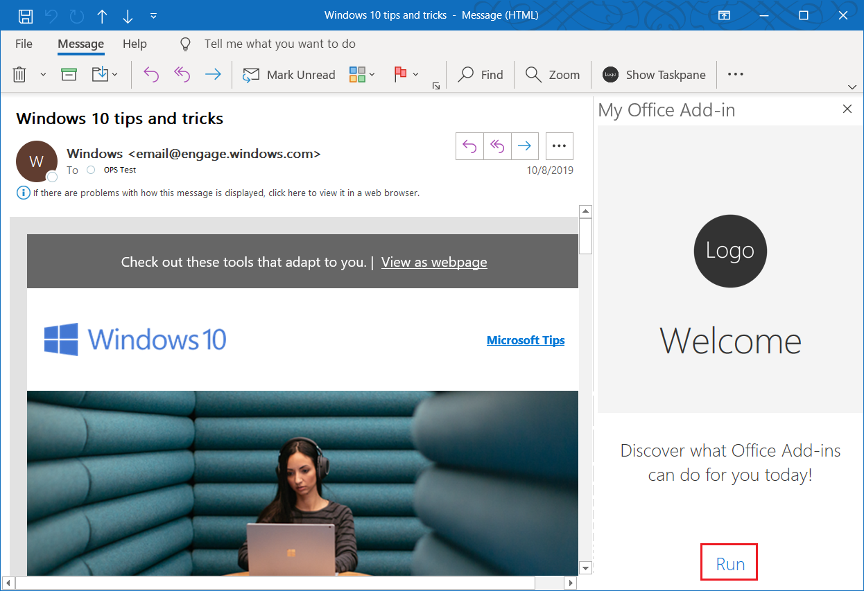The add-in's task pane with the Run link highlighted.