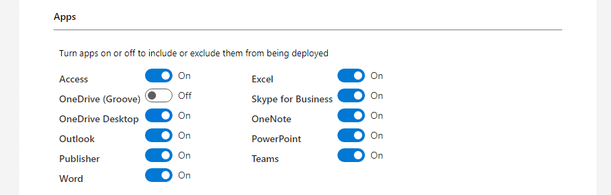 배포에서 비즈니스용 Skype, Outlook 및 Excel과 같은 앱을 포함하거나 제외하는 토글을 보여 주는 Office 클라이언트 설치 마법사의 구성 옵션 스크린샷.