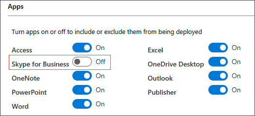 배포에서 비즈니스용 Skype, Outlook 및 Excel과 같은 앱을 포함하거나 제외하는 토글을 보여주는 Office 사용자 지정 도구의 구성 옵션 스크린샷입니다.