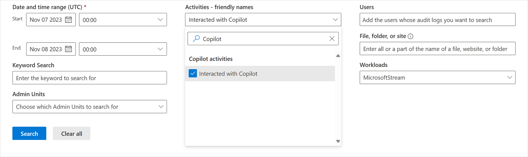 audit search copilot interaction dialog box