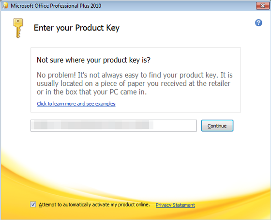 Office 2010 프로그램을 실행한 후 제품 키를 입력하는 화면의 스크린샷.