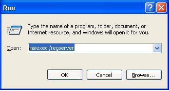시작을 선택하고 실행을 선택한 다음 열기 상자에 msiexec /regserver를 입력한 다음 확인을 선택합니다.