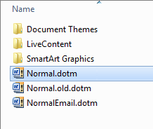 파일 이름을 Normal.old.dotm으로 변경하는 스크린샷