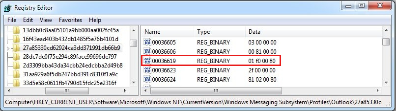 Microsoft Exchange 대화 상자의 보안 탭에서 00036619 바이너리 값을 확인하는 스크린샷.