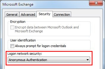 Microsoft Exchange 대화 상자의 보안 탭에서 로그온 네트워크 보안 설정이 익명 인증으로 설정되어 있는지 확인하는 스크린샷.